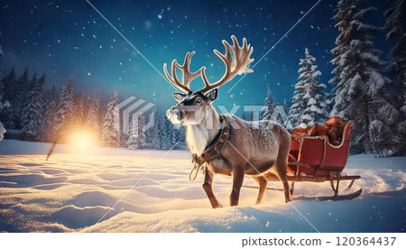 Reindeer pulling a red sled through the snow 120364437