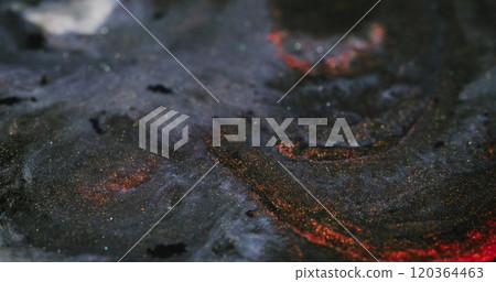 Sparkling lava. Diffusion paint. Shiny opaque mass with metallic glitter. Dark art gel flow with copper particles liquid swirl volcanic sand effect. Sparkling lava. Diffusion paint. Shiny opaque mass with metallic glitter. Dark art gel flow with copper particles liquid swirl volcanic sand effect. 120364463