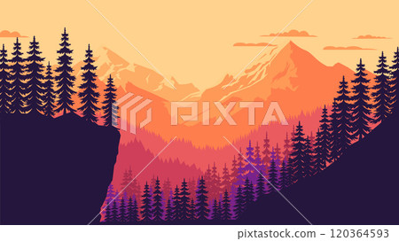 Mountain Cliff Nature Scenery with Pine Trees Silhouette in Forest at Sunset Sunrise Mountain Cliff Nature Scenery with Pine Trees Silhouette in Forest at Sunset Sunrise 120364593