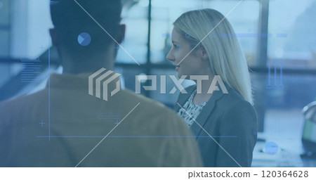 Business data visualization image over diverse professionals in office environment 120364628