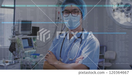 Image of data processing over asian male surgeon with face mask 120364667