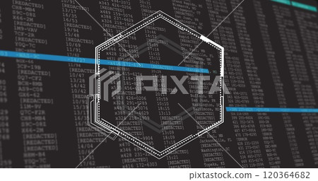 Hexagonal shape over redacted data and coding image 120364682
