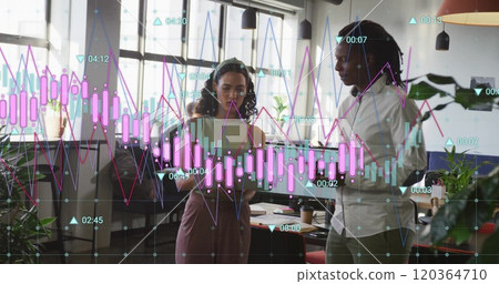 Financial data analysis image over diverse business people discussing in office 120364710