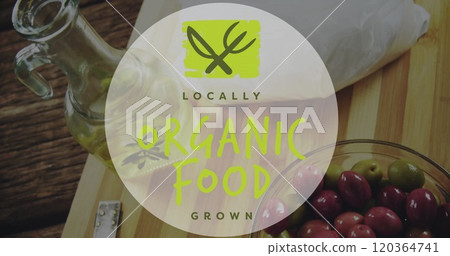 Locally grown organic food image over wooden table with groceries 120364741