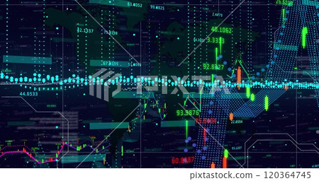Image of financial data processing over grid on dark background Image of financial data processing over grid on dark background 120364745