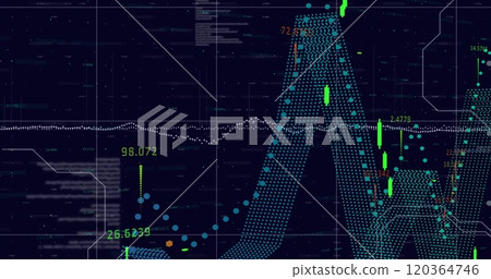 Image of financial data processing over grid on dark background 120364746