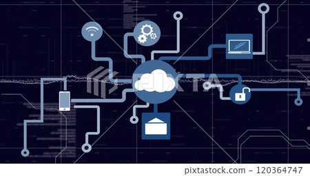 Image of cloud icon with connections and data processing over dark background Image of cloud icon with connections and data processing over dark background 120364747