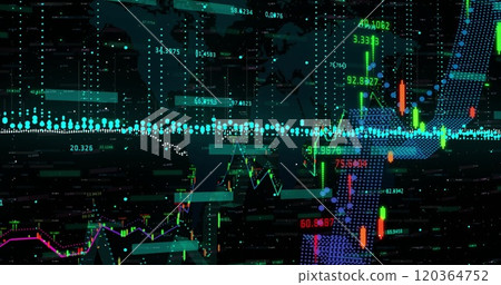 Image of financial data processing over grid on dark background Image of financial data processing over grid on dark background 120364752