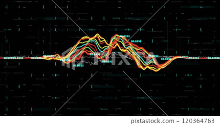 Image of financial data processing over grid on dark background 120364763