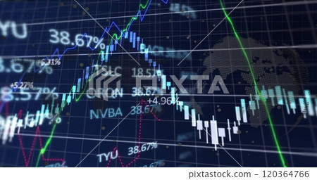 Image of financial data processing over grid on dark background Image of financial data processing over grid on dark background 120364766