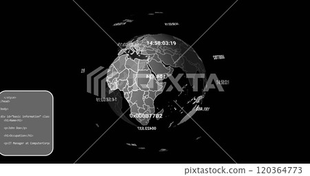 Image of data processing and globe over black background Image of data processing and globe over black background 120364773