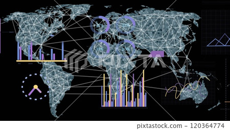 Image of data processing and world map over black background Image of data processing and world map over black background 120364774