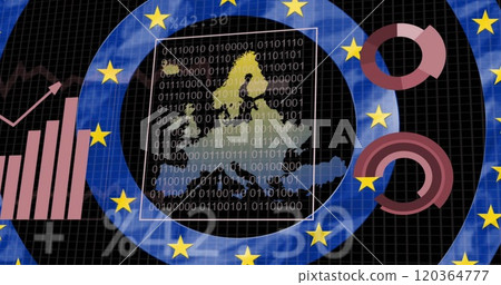 Image of data processing, flag and map of europe over black background 120364777