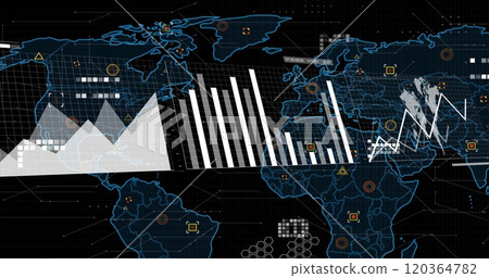 Image of data processing and world map over black background 120364782