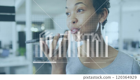 Speaking into smartphone, woman with bar graphs and data processing image Speaking into smartphone, woman with bar graphs and data processing image 120364929