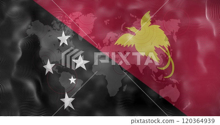 Papua New Guinea flag with world map image in background 120364939