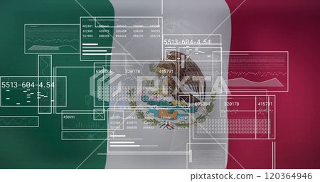 Data processing image over Mexican flag with numerical and graphical elements 120364946