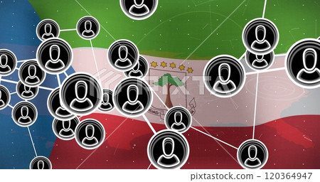 Network of user icons image over Equatorial Guinea flag background 120364947