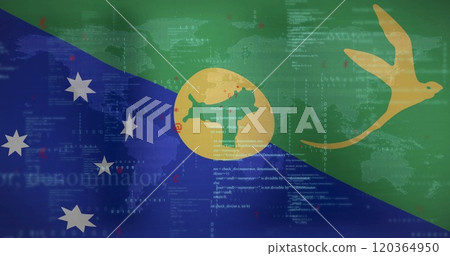 Digital data processing image over flag of Solomon Islands and world map 120364950