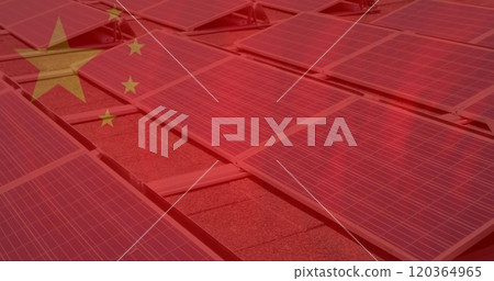 Chinese flag image over workers installing solar panels 120364965