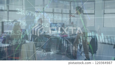 Image of financial data processing over diverse business people in office Image of financial data processing over diverse business people in office 120364987