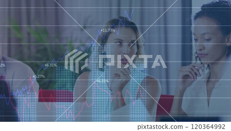 Image of financial data processing over diverse business people in office 120364992