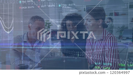 Image of financial data processing over diverse business people in office Image of financial data processing over diverse business people in office 120364997