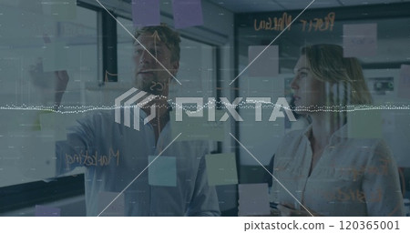 Image of financial data processing over diverse business people in office Image of financial data processing over diverse business people in office 120365001