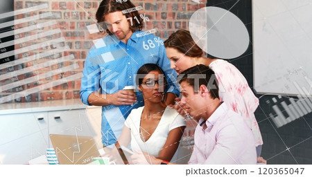 Image of financial data processing over diverse business people in office Image of financial data processing over diverse business people in office 120365047