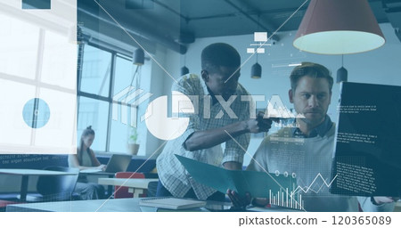 Image of charts and processing data over diverse male colleagues discussing at casual office Image of charts and processing data over diverse male colleagues discussing at casual office 120365089