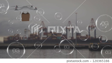 Image of 6g and drone with box over cargo ship 120365166