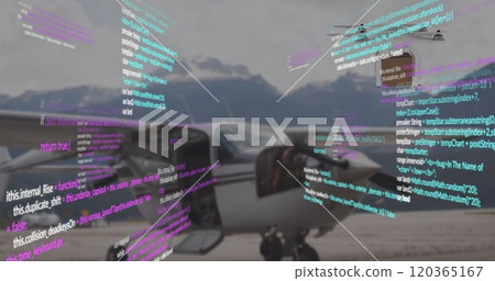 Image of data processing over helicopter and mountain landscape 120365167