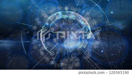 Image of network of connections with icons over globe Image of network of connections with icons over globe 120365190