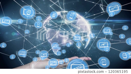 Image of network of connections with icons over globe 120365195