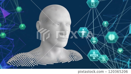 Image of network of connections with icons over human bust 120365206