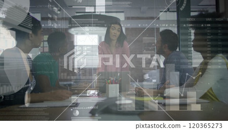 Image of financial data processing over diverse business people in office Image of financial data processing over diverse business people in office 120365273