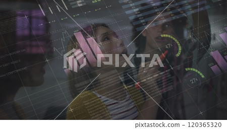 Image of financial data processing over diverse business people in office Image of financial data processing over diverse business people in office 120365320