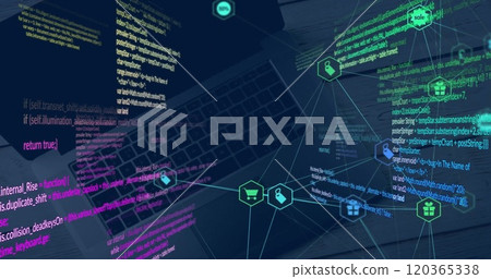 Image of data processing over network of retail business icons on black background 120365338