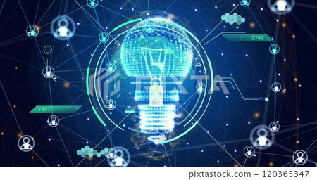 Image of scanner, processing data, light bulb and communication networks on dark background 120365347