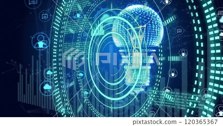 Image of circular scanner and data processing, light bulb and networks on dark background Image of circular scanner and data processing, light bulb and networks on dark background 120365367