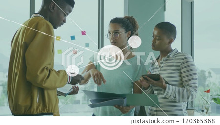 Image of network of connections with wifi icons over diverse business people in office Image of network of connections with wifi icons over diverse business people in office 120365368
