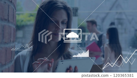 Image of data media icons over happy caucasian woman using tablet at college 120365381