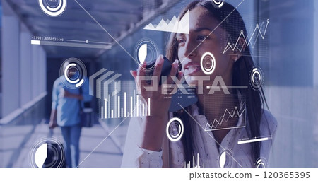 Image of data processing over biracial businesswoman using smartphone in airport Image of data processing over biracial businesswoman using smartphone in airport 120365395
