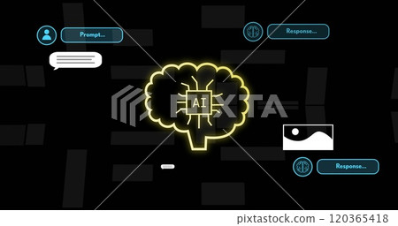 Image of ai text, brain and digital data processing over black background 120365418