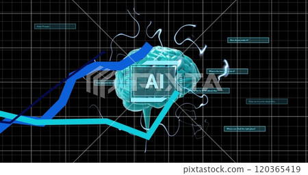 Image of ai text, brain and digital data processing over black background 120365419