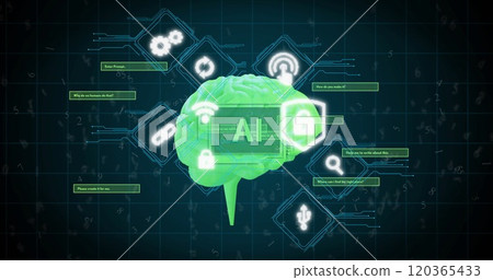 Image of ai text, brain and digital data processing over black background 120365433