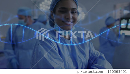 Image of dna strand over biracial female surgeon Image of dna strand over biracial female surgeon 120365491