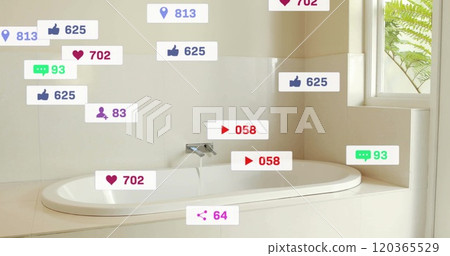 Social media notifications image over modern bathroom with white bathtub Social media notifications image over modern bathroom with white bathtub 120365529