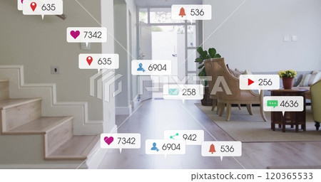 Social media notifications and engagement icons over modern home interior 120365533