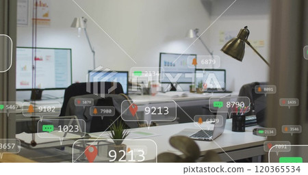 Social media notifications image over modern office workspace with computers Social media notifications image over modern office workspace with computers 120365534